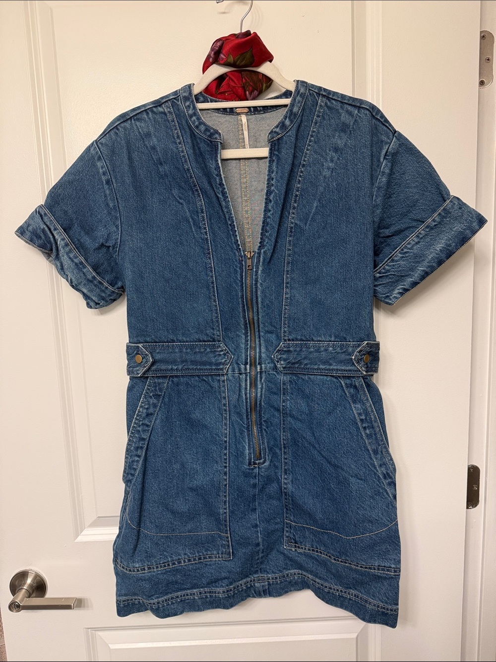 Free People deep V Denim Zip-Front Mini Dress